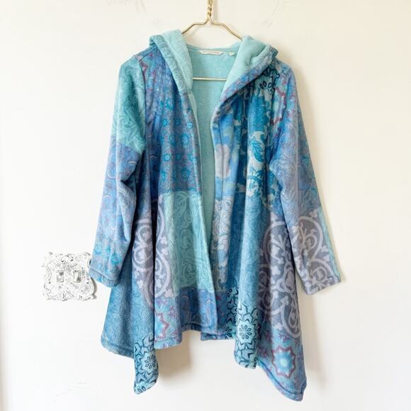 NWOT Soft Surroundings Aqua Floral Carli Cozy Sherpa Hooded Cardigan Wrap PM - Picture 3 of 8